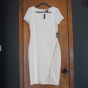 Express White Textured Bodycon Dress Zip Slit Midi Size M NWT
